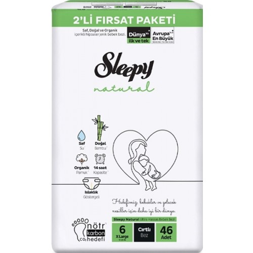 Sleepy Natural 2'li Fırsat Paketi 6 Numara XLarge Bebek Bezi 46 Adet