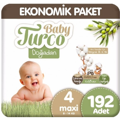 Baby Turco Doğadan Aylık Ekonomik Bebek Bezi 4 No Maxi 192 li