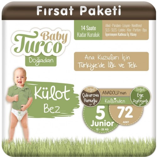 Baby Turco Doğadan Külot Bebek Bezi 5 No 72 li