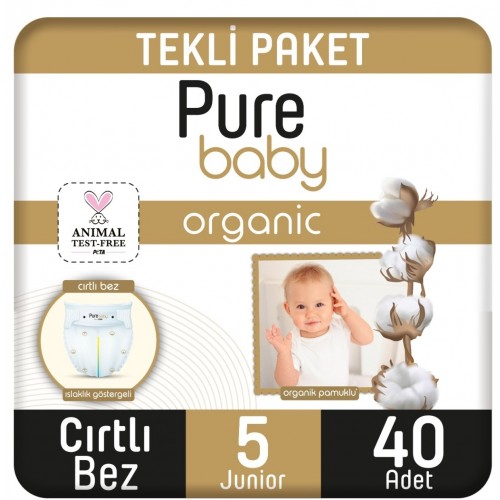 Pure Baby Organik Pamuklu Cırtlı Bebek Bezi Junior 5 No 40 lı