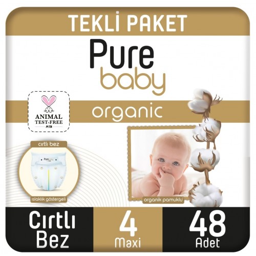 Pure Baby Organik Pamuklu Cırtlı Bebek Bezi Maxi 4 No 48 li