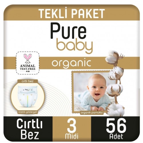 Pure Baby Organik Pamuklu Cırtlı Bebek Bezi Midi 3 No 56 lı