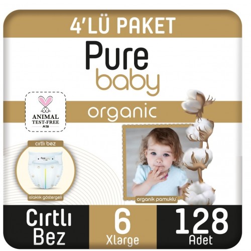 Pure Baby Organik Pamuklu Cırtlı Bebek Bezi X-Large 6 No 128 li