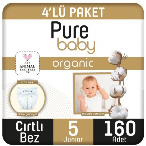 Pure Baby Organik Pamuklu Cırtlı Bebek Bezi Junior 5 No 160 lı 