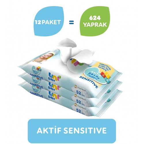 Uni Baby Aktif Sensitive Islak Havlu 12 x 52 li (624 Yaprak)