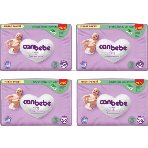 Canbebe Bebek Bezi Fırsat Paketi 3 Beden Midi (4-9 kg) 56 lı x 4 Adet