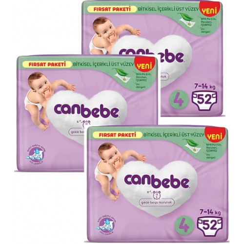 Canbebe Bebek Bezi Fırsat Paketi 4 Beden Maxi (7-14 Kg) 52 li x 3 Adet