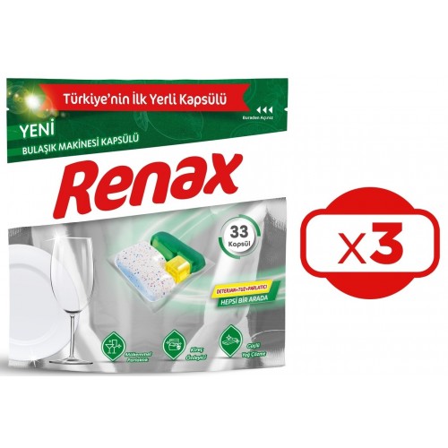 Renax Bulaşık Makinesi Kapsülü Hepsi Bir Arada 33 lü x 3 Adet