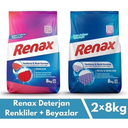 Renax Toz Çamaşır Deterjanı 8 kg 2 li Paket Renkliler ve Beyazlar