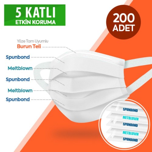 Happy Yumuşak Elastik Kulaklı 5 Katlı Telli Beyaz Cerrahi Maske 200 lü