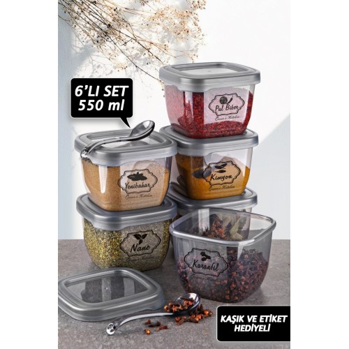 Queen's Kitchen 6 Adet 550ml Kaşıklı ve Etiketli Saklama&Baharat Kabı