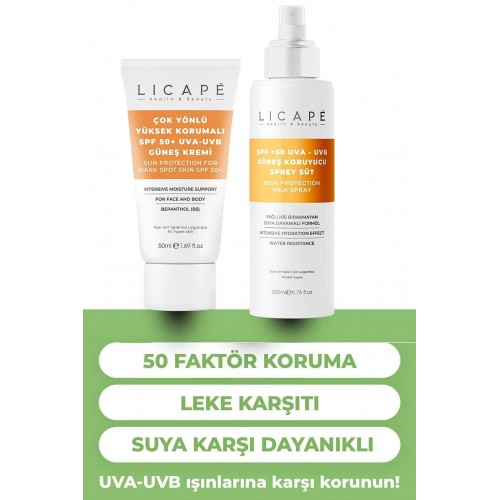 Licape Spf50+ Güneş Koruyucu Sprey Süt 200ml + Spf50+ Güneş Kremi 50ml