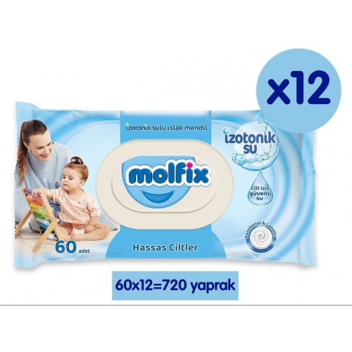 Molfix İzotonik Sulu Mendil Hassas 60 lı x 12 Adet (720 Yaprak)