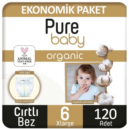 Pure Baby Organik Pamuklu Cırtlı Bez Ekonomik Paket 6 No Xlarge 120 li