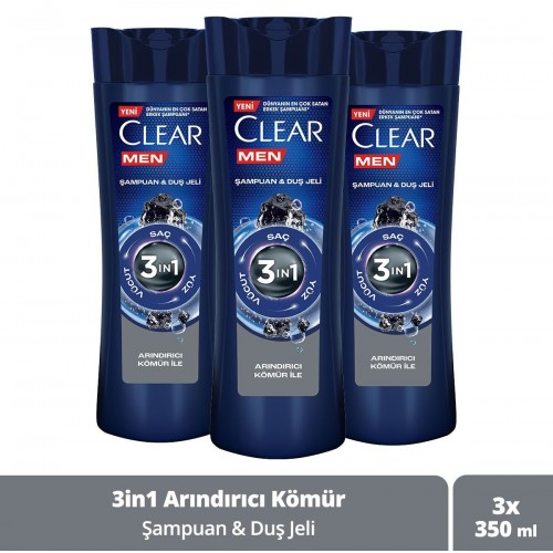 Clear Men Şampuan ve Duş Jeli Arındırıcı Kömür 350 ml x 3 Adet