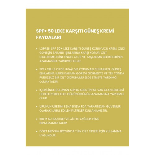 Lopren SPF+ 50 Leke Karşıtı Güneş Kremi 50 ml