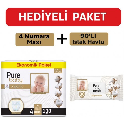Pure Baby Organik Bebek Bezi 4 Beden Maxi 100 lü(Islak Mendil Hediyeli