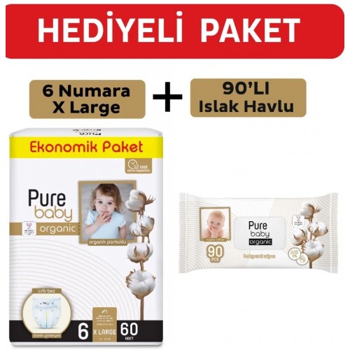 Pure Baby Organik Pamuklu Bez 6 Numara Xlarge 60lı(Islak Havlu Hediye)