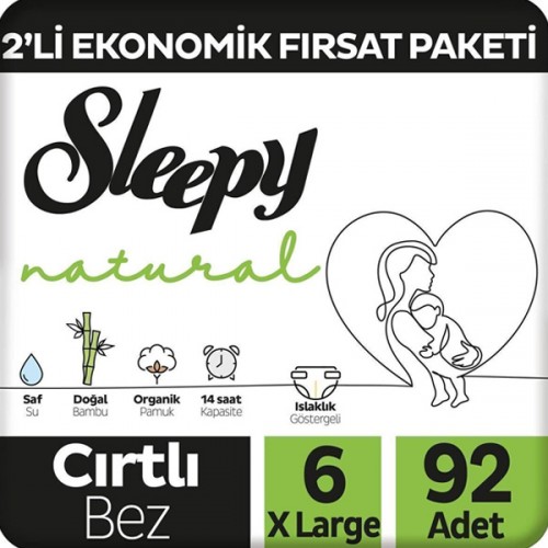  Sleepy Natural Fırsat Paketi Bebek Bezi 6 Numara Xlarge 92 Adet